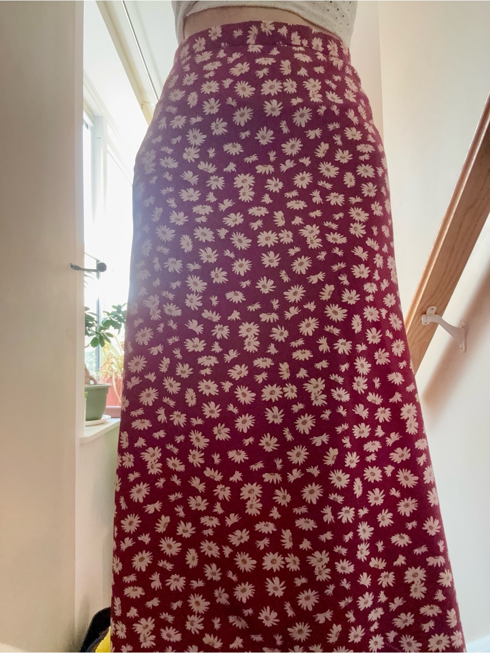 Bundle and save 3/$25 Burgundy Maxi Skirt with Cream Daisy Print